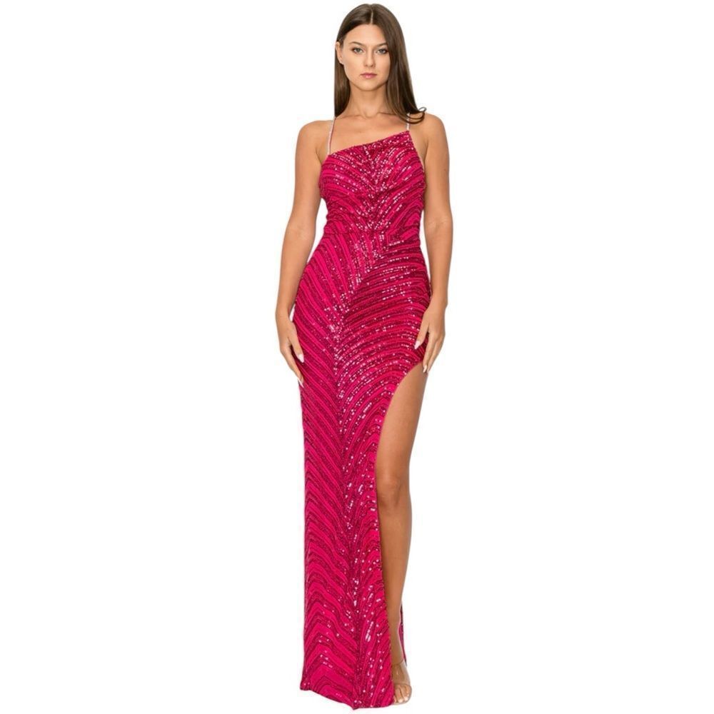 Stunning Minuet Kiara Rhinestone Strap Sequin Gown with Slit